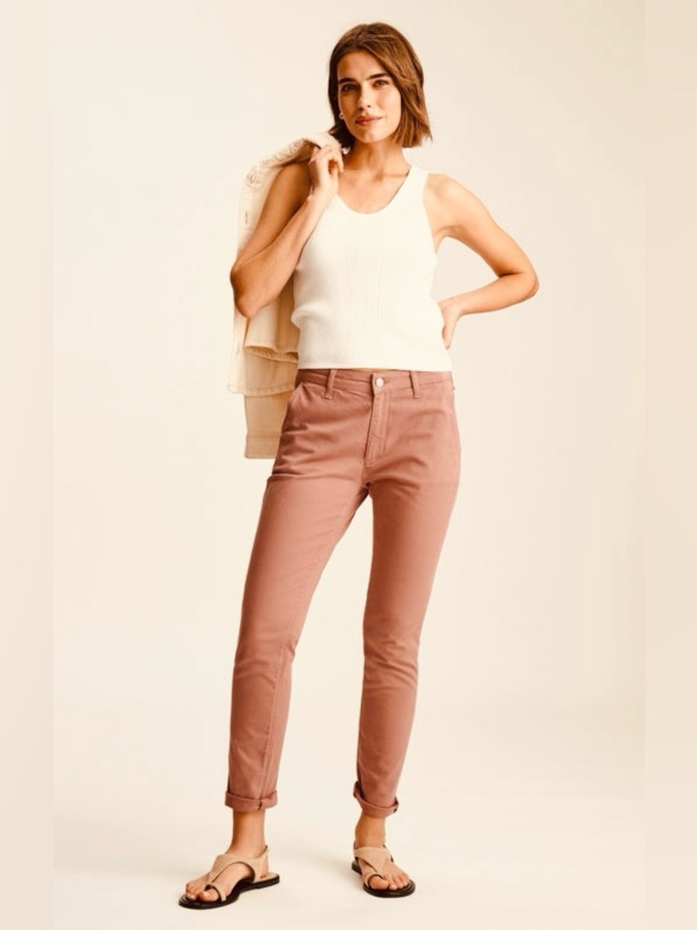 ELIE TAHARI 14~ STRAIGHT LEG ROLL DENIM STRETCH JEANS DUSTY SALMON MAUVE PANTS